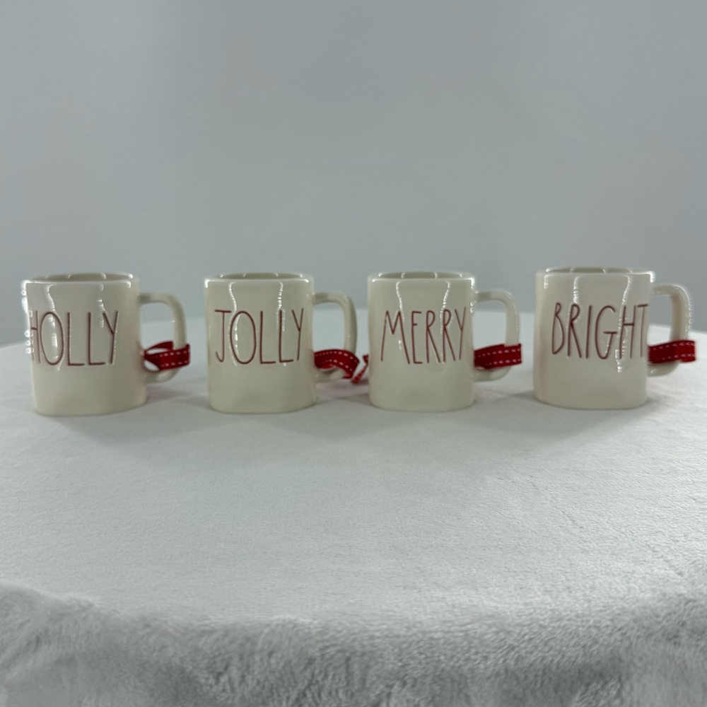 Rae Dunn Holly, Jolly, Merry & Bright Mini Mug Ornament Set